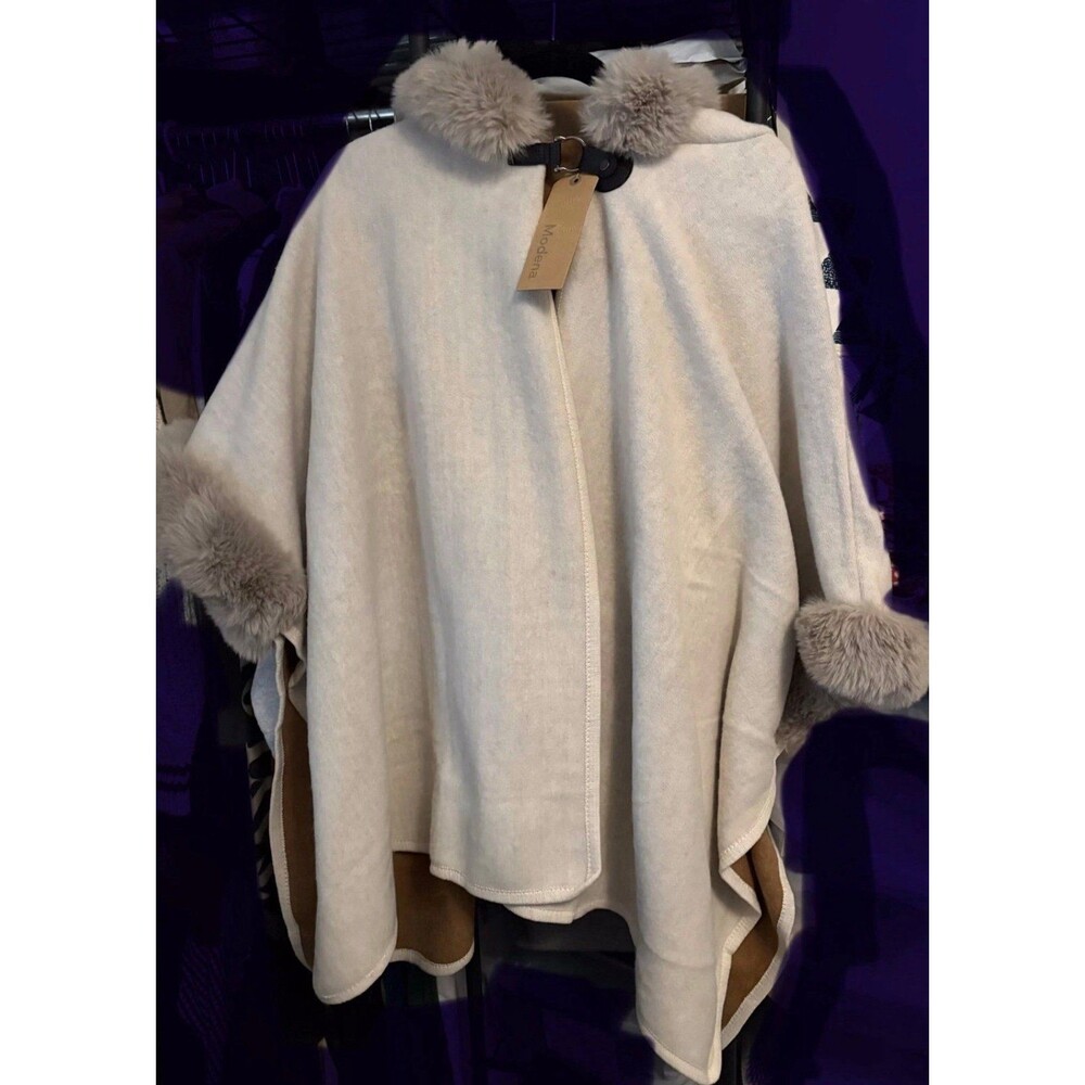 Modena OS faux fur-trimmed hooded poncho in a cream color